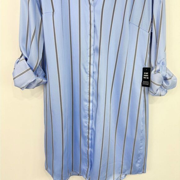 Express Light Blue Black Vertical Stripe Tab Sleeve Collared Shirt Dress NEW - Picture 6 of 15